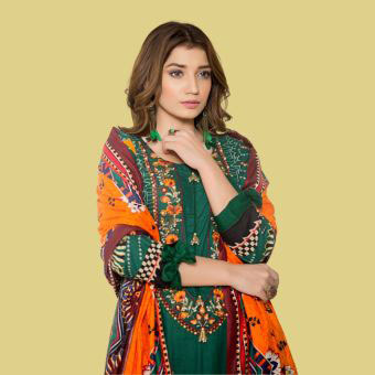 Woman wearing green embroidered ethnic suit with orange printed dupatta